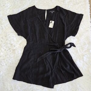 NWT Miou Muse Women's Sz L Black Linen Blend V-neck Faux Wrap Wide Sleeve Romper